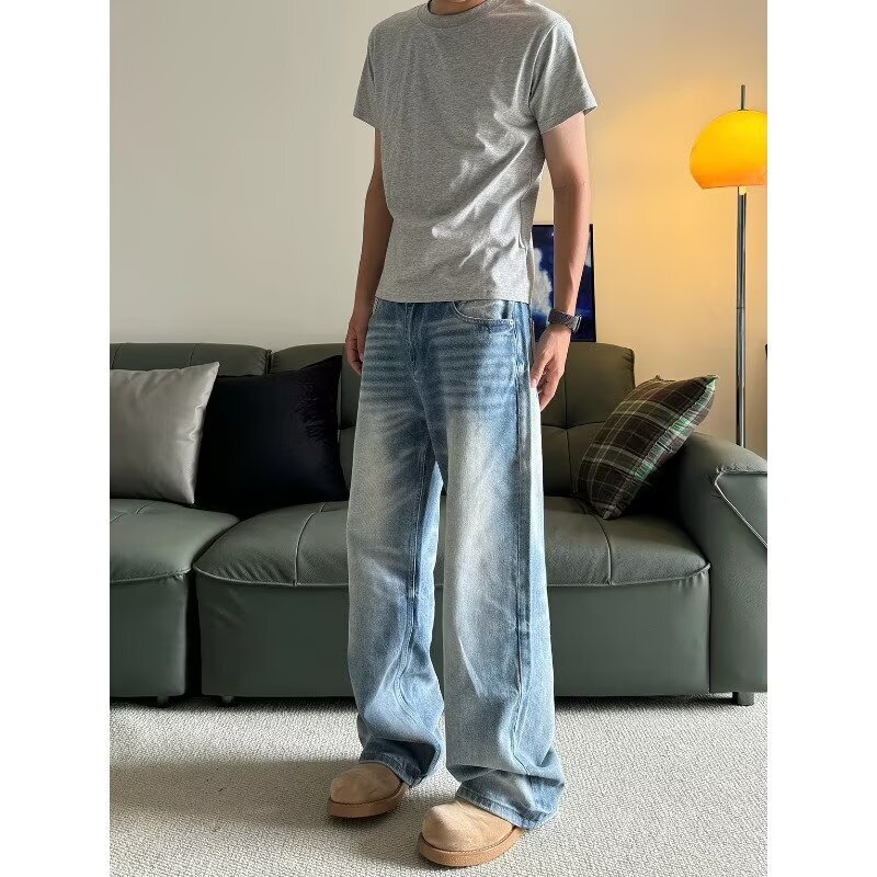 Simple Wide-Leg Drapey Jeans for Men, Retro Trendy Whisker Design, Loose Casual Versatile Comfortable Long Pants Simple Wide-Leg Drapey Jeans for Men, Retro Trendy Whisker Design, Loose Casual Versatile Comfortable Long Pants