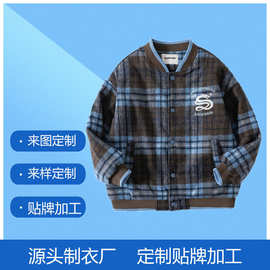 毛呢格子立领男女休闲棒球棉服夹棉绣花LOGO拉链开衫外贸定制