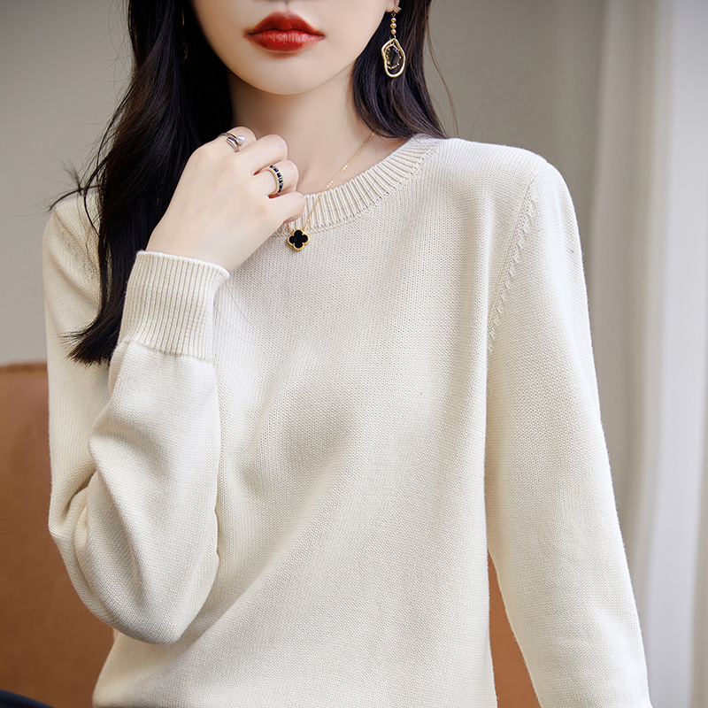 棉线针织衫圆领宽松内搭打底衫女24新款春秋冬简约全棉厚毛衣上衣