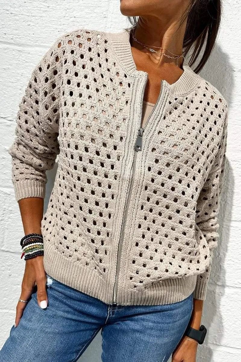 2026 nueva estación independiente de Amazon Europa y Estados Unidos ropa de mujer casual jersey hueco chaqueta con cremallera de punto chaqueta de mujer