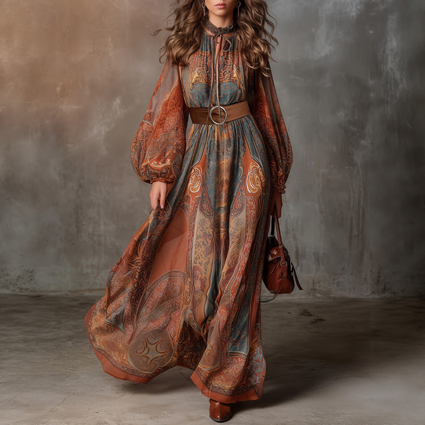 Autumn and Winter Plus-Size European and American Ethnic Style Vacation Beach Long Dress with Belt, Bohemian Print Long-Sleeve Dress