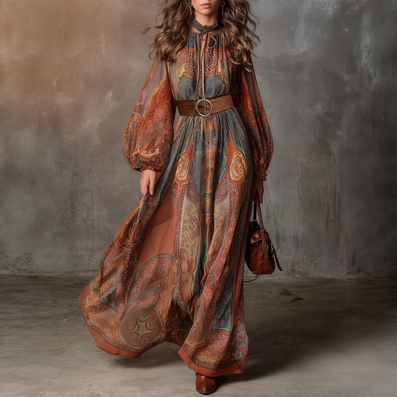 Autumn and Winter Plus-Size European and American Ethnic Style Vacation Beach Long Dress with Belt, Bohemian Print Long-Sleeve Dress Autumn and Winter Plus-Size European and American Ethnic Style Vacation Beach Long Dress with Belt, Bohemian Print Long-Sleeve Dress