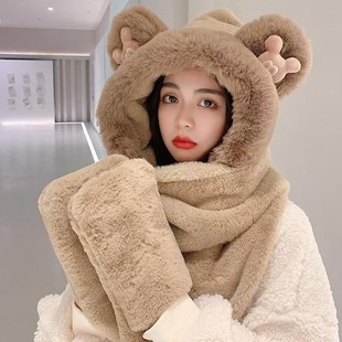 Bear hat women's three-piece Korean-style cute Mickey hooded scarf integrated warm gloves ear protection scarf winter