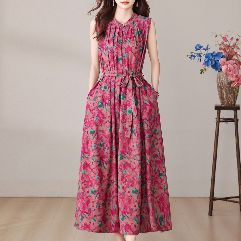 Middle-Aged Mother Summer Dress 2025 New Floral Middle-Aged and Elderly Cotton Silk Long Skirt Dignified and Stylish Outer Wear