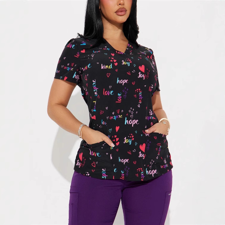 2026 Amazon Independent Site Hot-Selling European and American Valentine's Day Heart 3D Printed Casual Nurse Uniform V-Neck Short-Sleeved T-Shirt