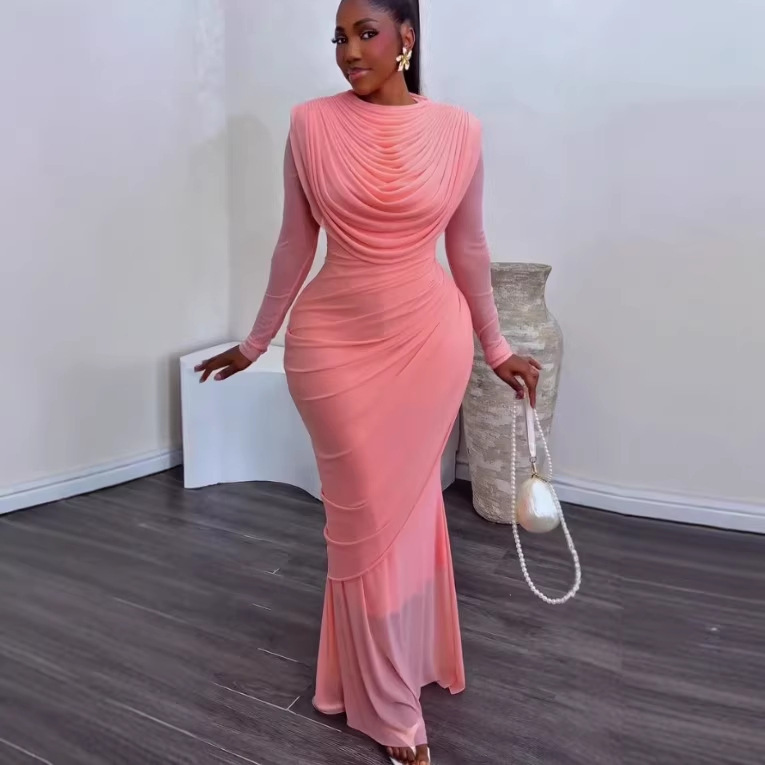 2026 Summer New European and American Cross-Border Women's Fashion Elegant Round Neck Long-Sleeved Slim-Fitting Fishtail Dress 2026 Summer New European and American Cross-Border Women's Fashion Elegant Round Neck Long-Sleeved Slim-Fitting Fishtail Dress