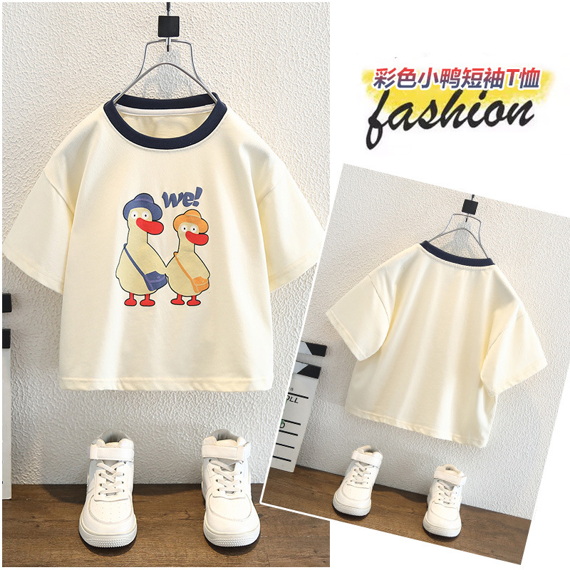 7980 Camiseta de manga corta de verano para niños Cuello redondo a juego de colores Dibujos animados casuales Niños y niñas Bebé Nuevo estilo Estilo occidental Camisa de algodón