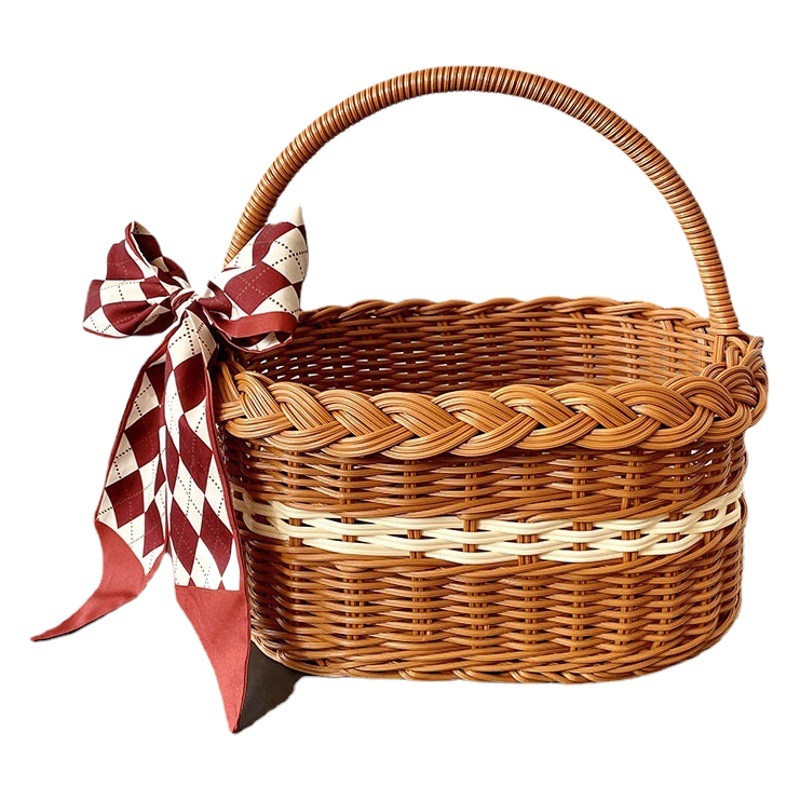Cesta de tejido de ratán de imitación, canasta de almacenamiento de picnic para bebés, cesta de frutas tejida de ratán de plástico de viento ins