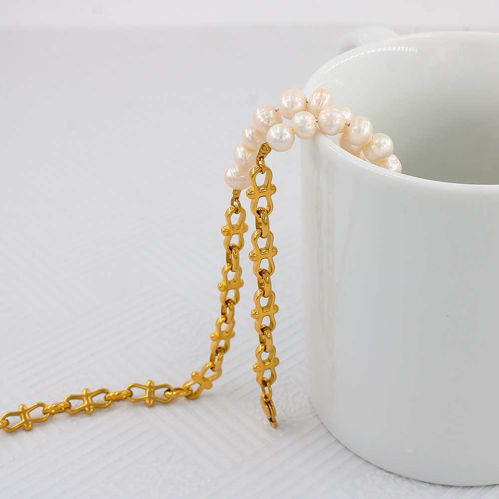 Fashion Color Block Pearl Titanium Steel Plating Bracelets Necklace 1 Piece