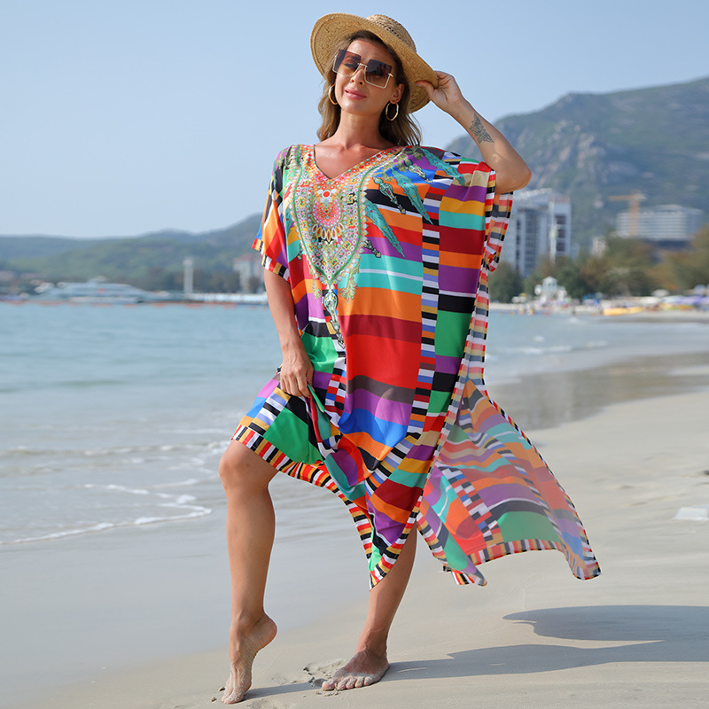 Playa blusa transfronteriza estilo europeo y americano color cuadrado posicionamiento traje playa exterior vestido bikini blusa 5D63
