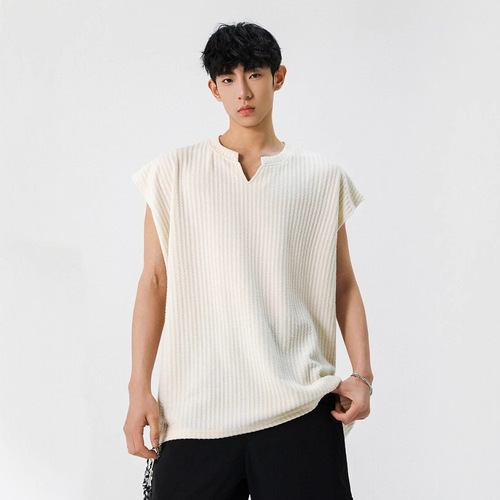Texture V-neck Men's Summer 2025 Quick-dry Outerwear Sport Kimono Youth Wide Shoulder Sleeveless T-shirt