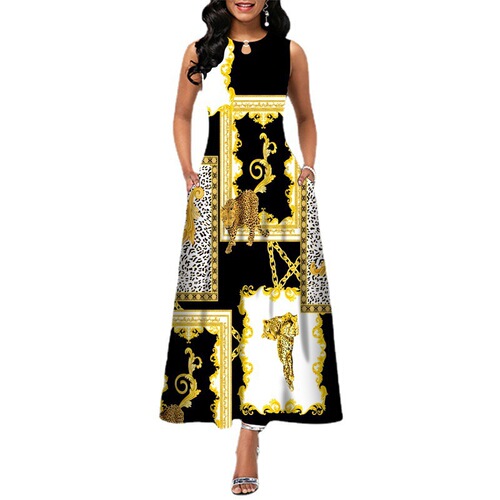 2024 Amazon European and American Style Sleeveless Women's Defined-Print Flared Dress Bohemian Retro Long Skirt European and American Style