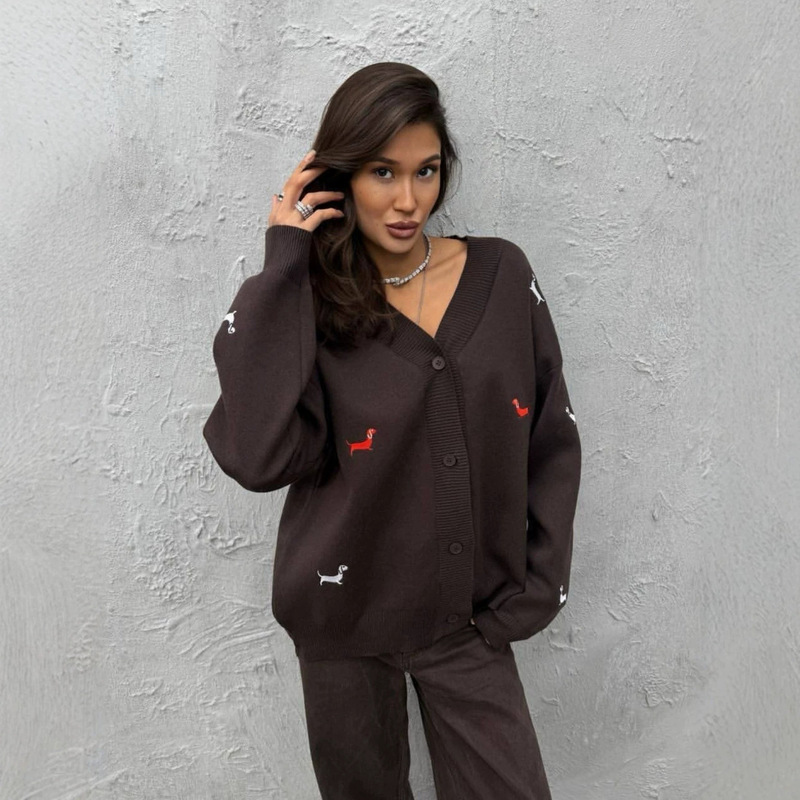 Cross-border single-breasted dachshund dog embroidered loose knit cardigan for women
