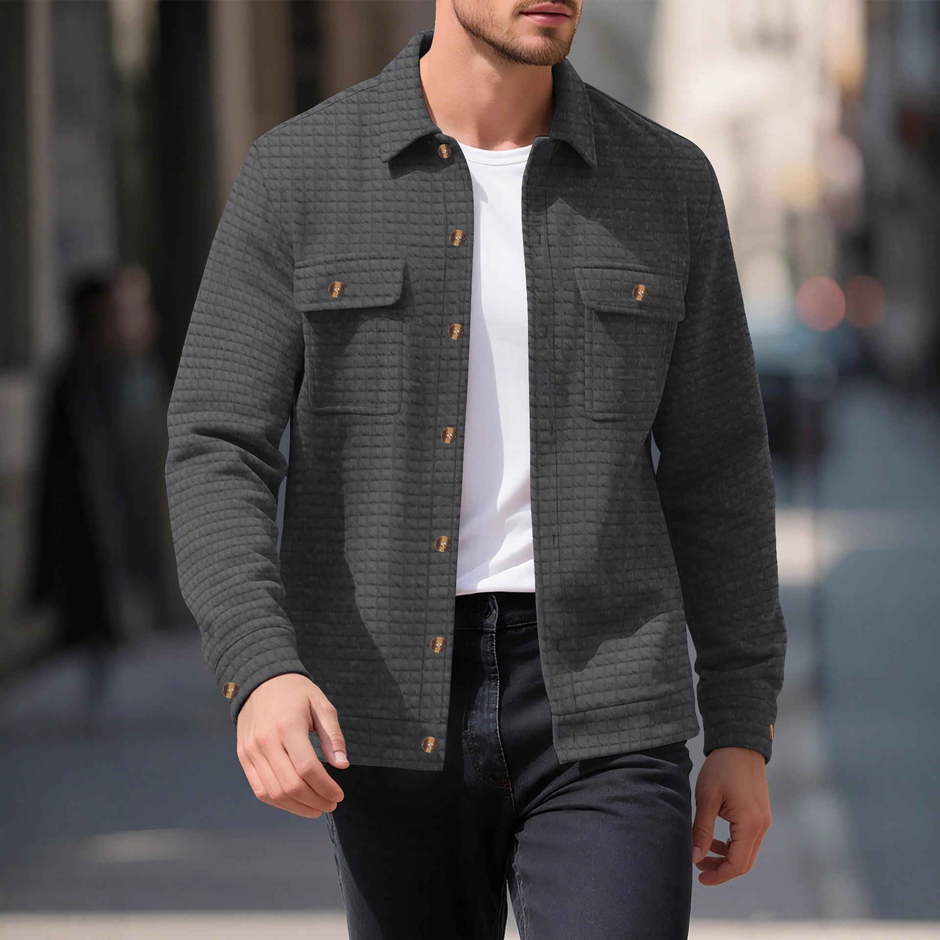 Monochrome Man- European American Cross-Border Spring And Autumn Men's Casual Jacquard Small Checkered Loose Knitted Work Jacket_voghion.com