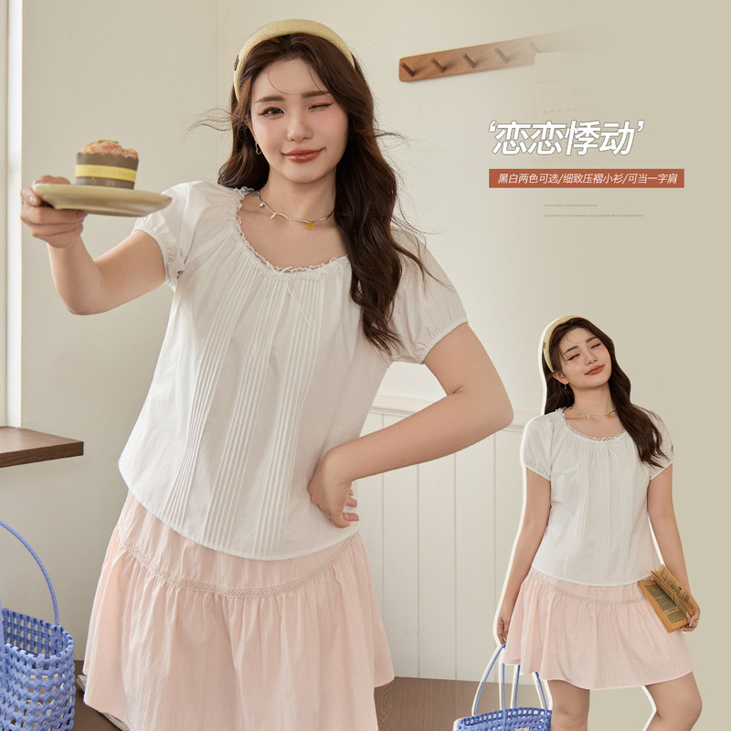 Korean Style Puff Sleeves Pleated Lace Short-Sleeved Shirt Fat mm Large Size Loose Slimming Look Top 65402