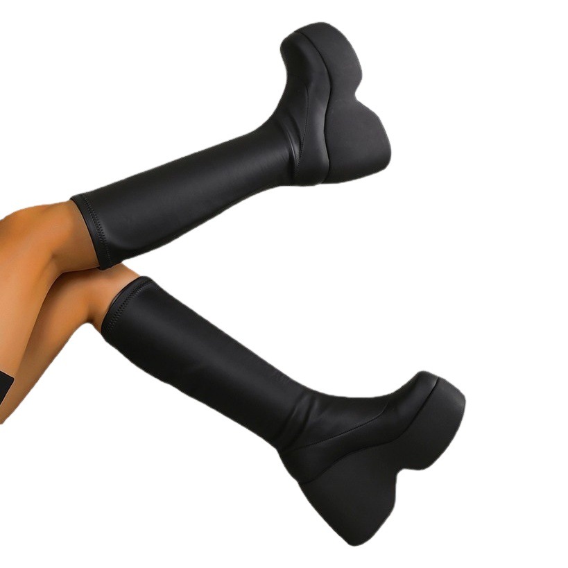 Botas de cuña de plataforma 2022 Otoño e Invierno Nuevas botas de media pantorrilla elásticas de cuero europeo y americano Botas de caballero casuales de talla grande de comercio exterior para mujer