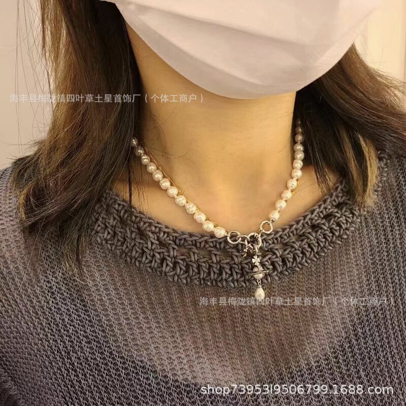 Empress Dowager Saturn Pearl Necklace Socialite Style Alexa High-End Luxury Niche Sweater Neck Jewelry Earrings Bracelet Accessories