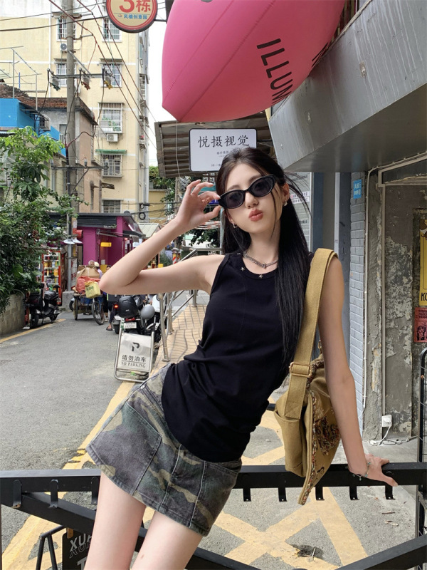 アメリカンクールホットガールファッションスーツ女性のための春の新しいリベットファッションベスト迷彩作業服スカートツーピースセット|undefined