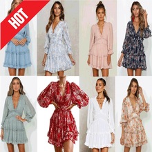 厂家直销 2024年欧美春秋新款领收腰泡泡袖长袖雪纺连衣裙0612