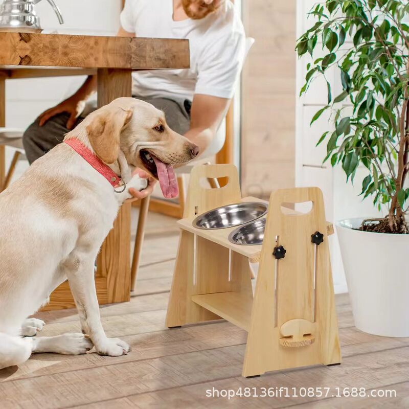 Cross-Border Elevated Cat Bowl with Tilted Stainless Steel Cat Food Bowl, Bamboo Stand, Anti-Vomiting Feeding Bowl Suitable for Indoor Cats and Pets