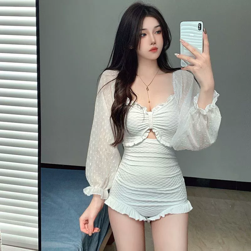 Купальник для женщин, элитный новый цельный купальник 2024 года, закрывающий живот, для похудения, консервативный, с длинными рукавами, защита от солнца, студенческий купальник для горячих источников