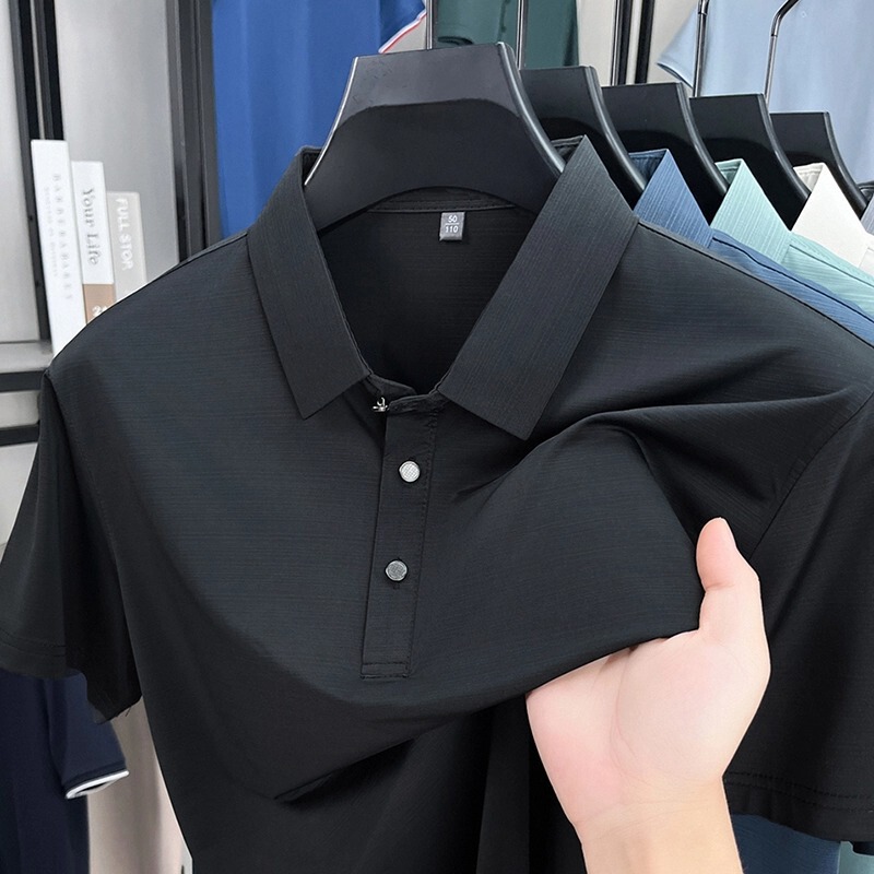 中年男性向け半袖Tシャツ、カジュアル無地ポロシャツ、夏用ラペルアイスシルク通気性半袖トップス、ドロップシッピング|undefined