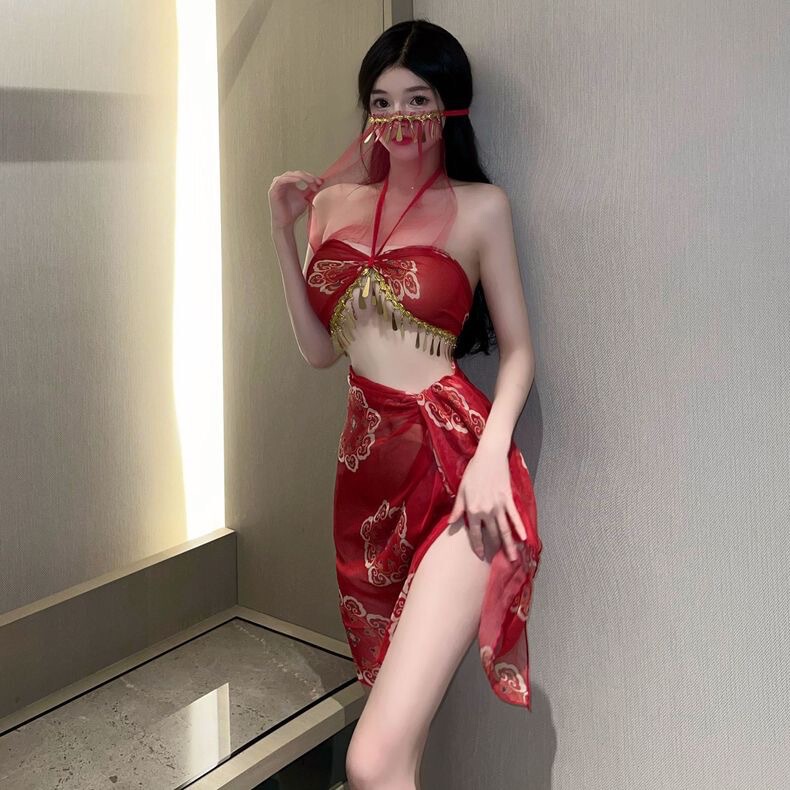 Sexy Underwear Flying Dancer Exotic Style Dunhuang Red Split Hanfu Bronzing Tube-shaped suit