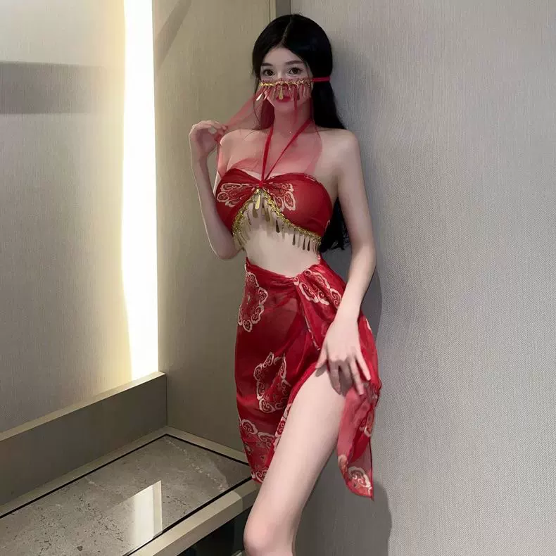 情趣内衣飞天舞姬异域风情敦煌红色分体汉服烫金抹胸透视套装代发