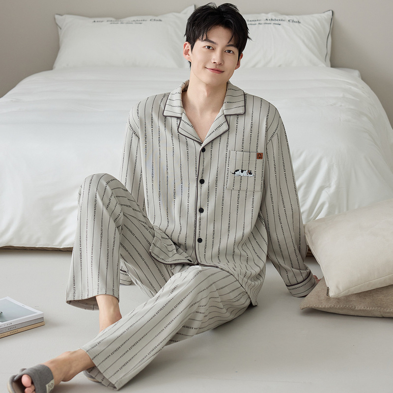 Pure Cotton Pajamas Men's Spring and Autum Stripesd Plaid Large Size Can Be Worn Outside Home Clothes Long-Sleeved Pants Cardigan Lapel Suit