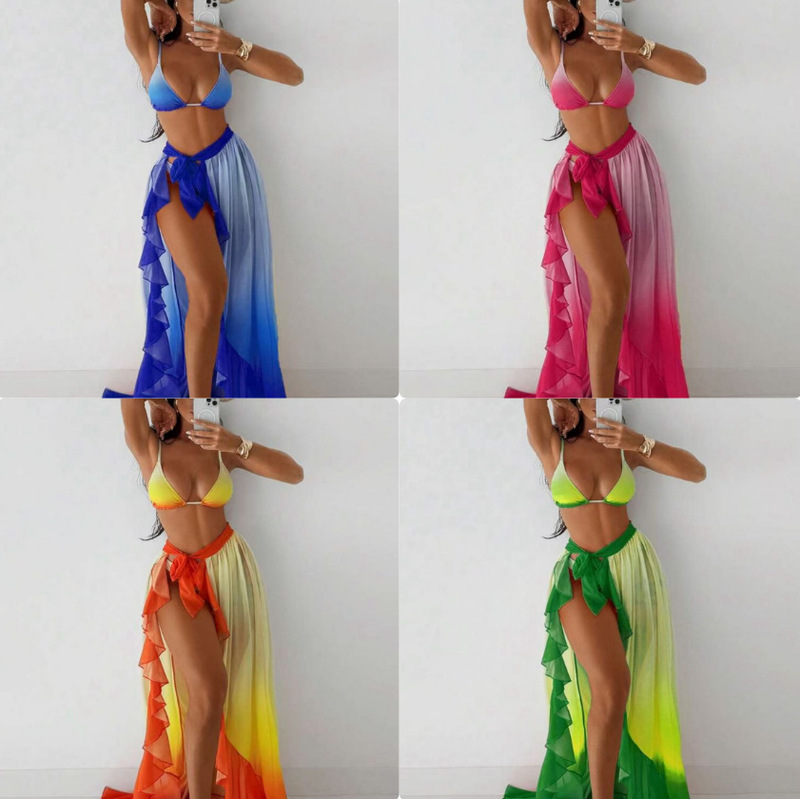 First Sight of 2025 New Gradient Bikini Triangle Bag Beach Skirt Lace-Up Backless Sexy Fashion European and American Bikini