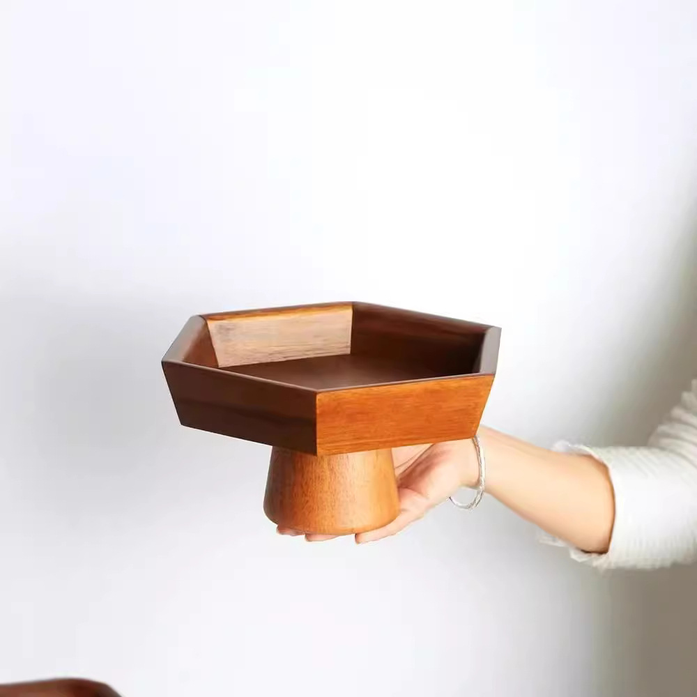 Retro pies altos Acacia pastel bandeja de madera sala de estar casera snack plato de postres estante de exhibición de madera snack plato de fruta