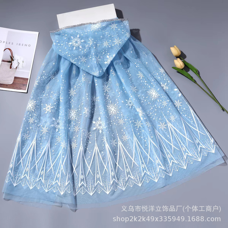 Girls' Elsa Spring and Autumn Princess Cape, Frozen-themed Stylish Shawl, Baby's Elsa Birthday Performance Cloak for Outings