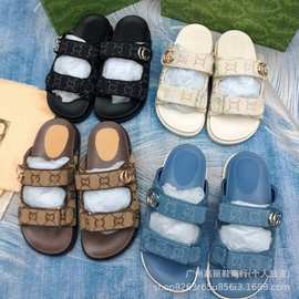 G家2025夏季凉鞋女厚底刺绣魔术贴平底拖鞋时尚罗马沙滩半拖女鞋