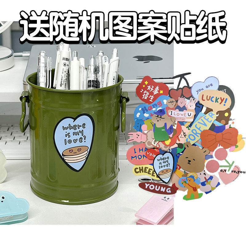 高颜値ins筆筒アメリカレトロ小衆かわいい鉄芸小桶デスクトップ文房具変筆立て収納|undefined