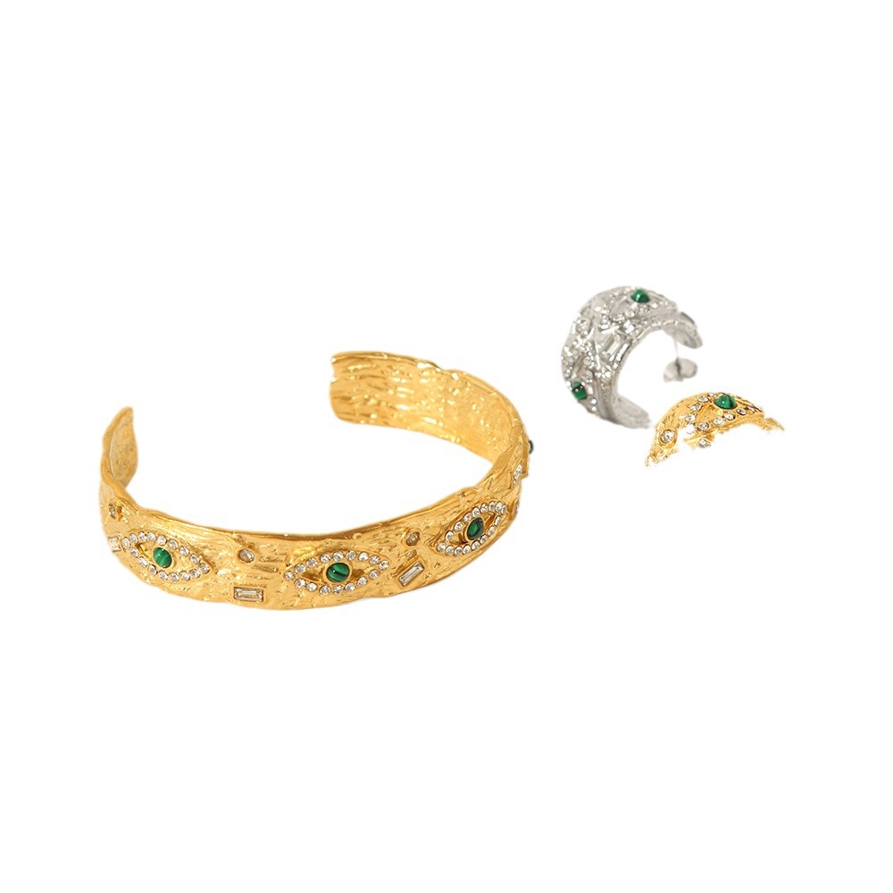 French retro 18K textura malaquita ángel ojo mano circón marca cuadrada joyería de moda pulsera abierta de lujo ligero C