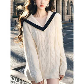 韩系宽松海军翻领白色套头毛衣秋冬女小个子软糯慵懒风百搭针织衫