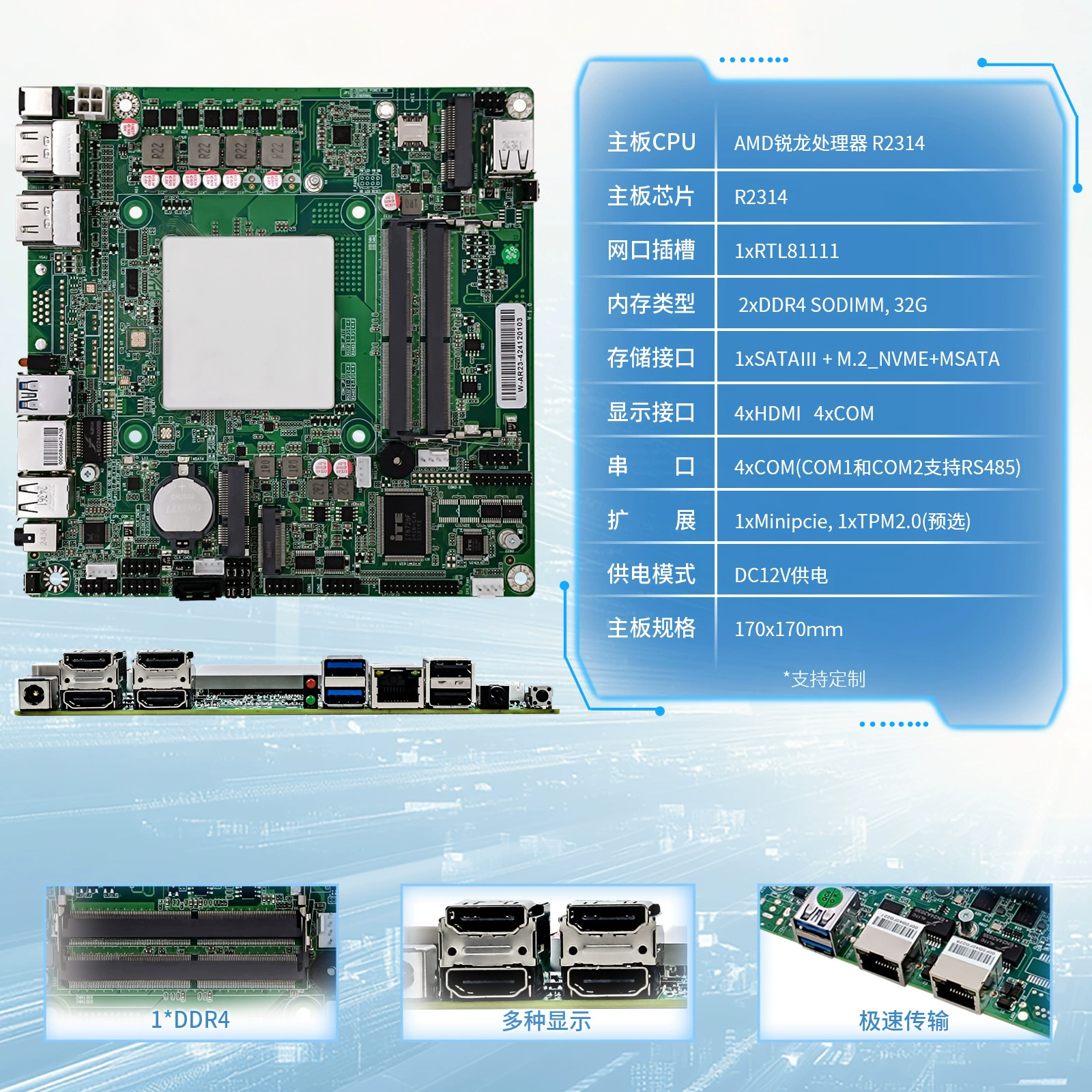 Материнская плата W-AR2AMD Ryzen R2314 с четырьмя дисплейными выходами и множеством интерфейсов для беспроблемного расширения