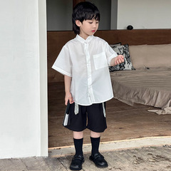 Boys' New Chinese Style White Shirt, Thin Version 2024 Summer New Clothes Children Fashion Short Sleeve Blouse Children's Trendy Apparel