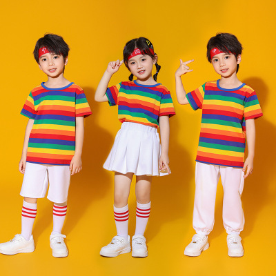 Rainbow striped cheerleader Choir Performance uniforms for boys girls toddlers Class Clothing Kindergarten Street Dance Trend Children Performance Clothing 