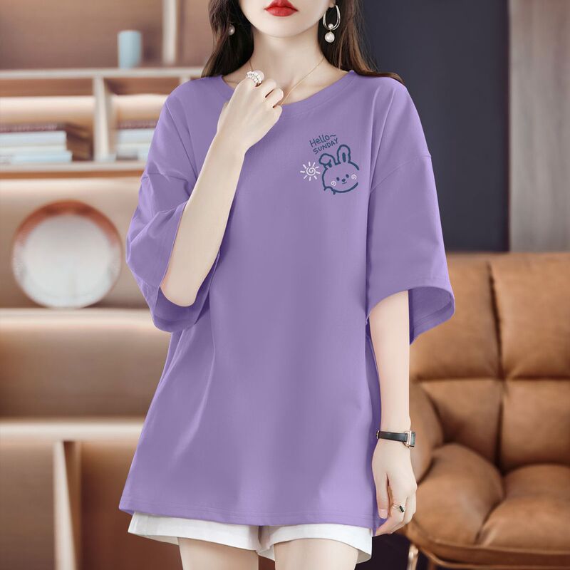 100% Pure Cotton Purple High-End Large Size Loose T-Shirt for Women, Short-Sleeved, Mid-Length, Hip-Covering, Half-Sleeved Top for Plus-Size Girls