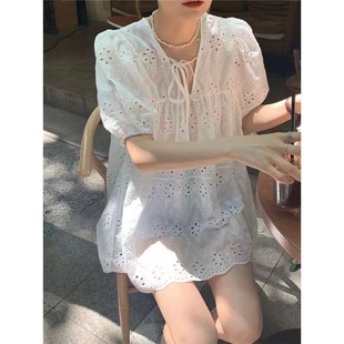 French White Design Hollow Lace Top Women's Summer Versatile Loose Short-Sleeved Shirt Puff Sleeve Shirt