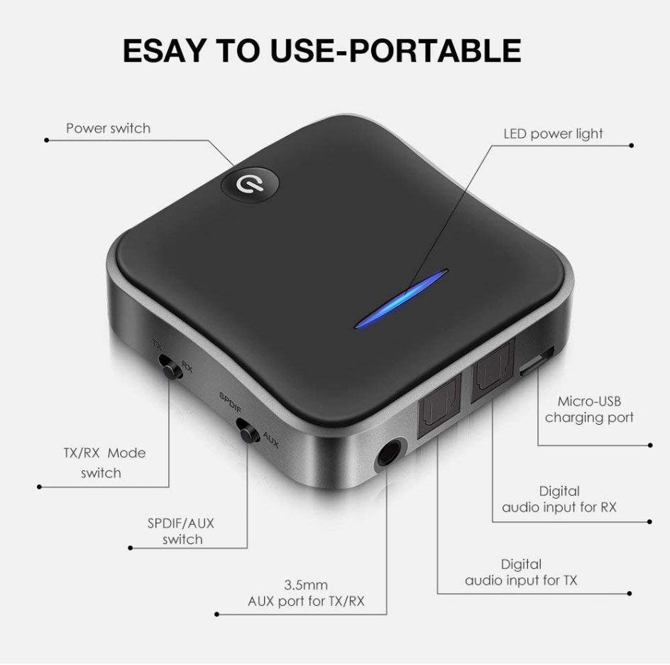 Transmisor de fibra óptica receptor Bluetooth 2-en-1 CSR8675 HD sin pérdida de calidad de sonido amplificador de coche