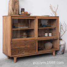 侘寂风边柜实木柜子茶柜民宿收纳柜水杯茶具老榆木玻璃客厅餐边柜
