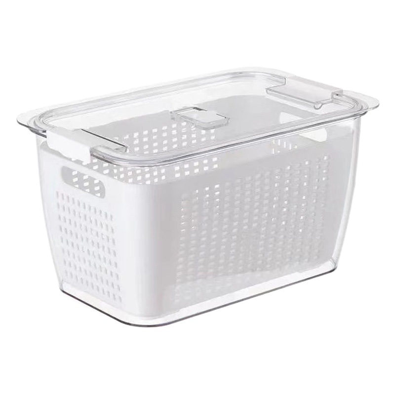 Estilo japonés de doble capa de plástico de calidad alimentaria cesta de drenaje más crujiente cocina alimentos congelados caja sellada caja de almacenamiento de refrigerador