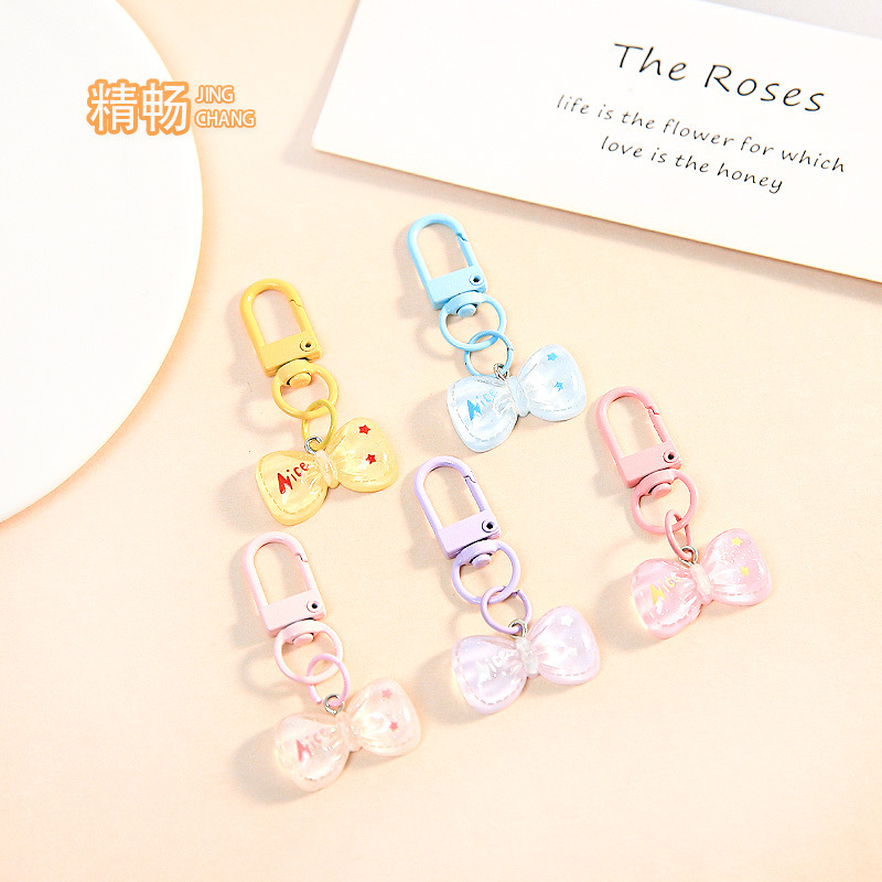New Style Fine Glitter Transparent Bow Pendant Keychain Colorful Door Buckle with Small Peach Heart Pendant Sweet Bag Accessories