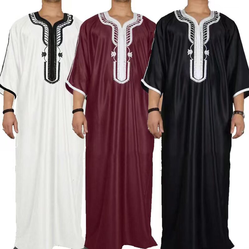 Cross-Border Men's Clothing Short-Sleeved Embroidered V-Neck Loose Robe in Multiple Colors in Stock
