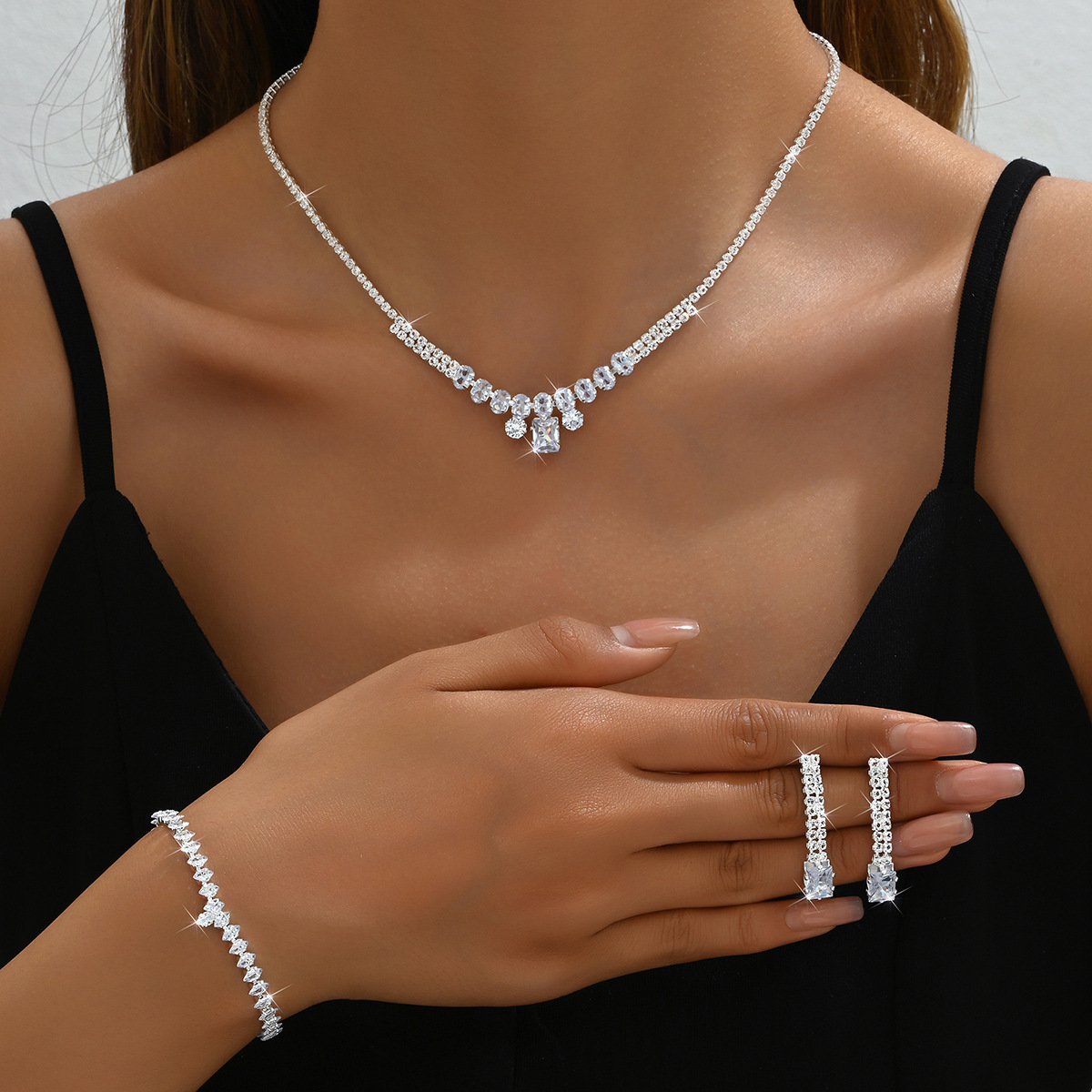 Geometric Pattern Wholesale Jewelry Elegant Streetwear Geometric Copper Rhinestones Bracelets Earrings Necklace Tennis Chain