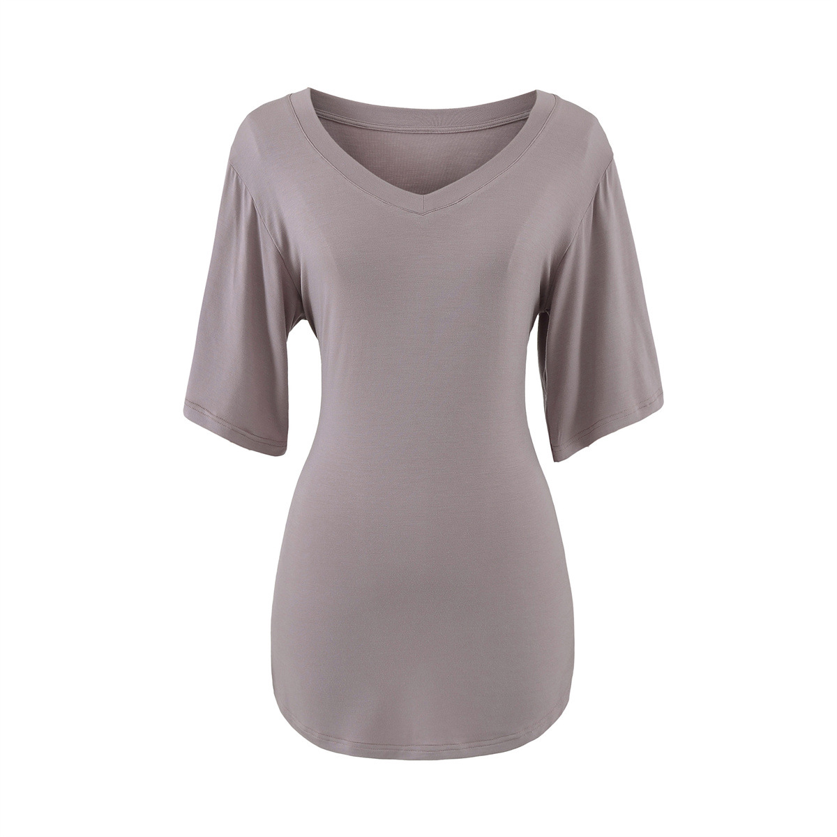 Pure Desire Style Thin Modal Waist Slimming Solid Color Top Summer V-Neck Off-Shoulder Comfortable Three-Quarter Sleeve T-Shirt for Women