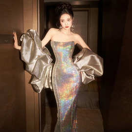 鱼尾晚礼服高级感名媛气质宴会主持人礼服裙新娘结婚抹胸敬酒服女