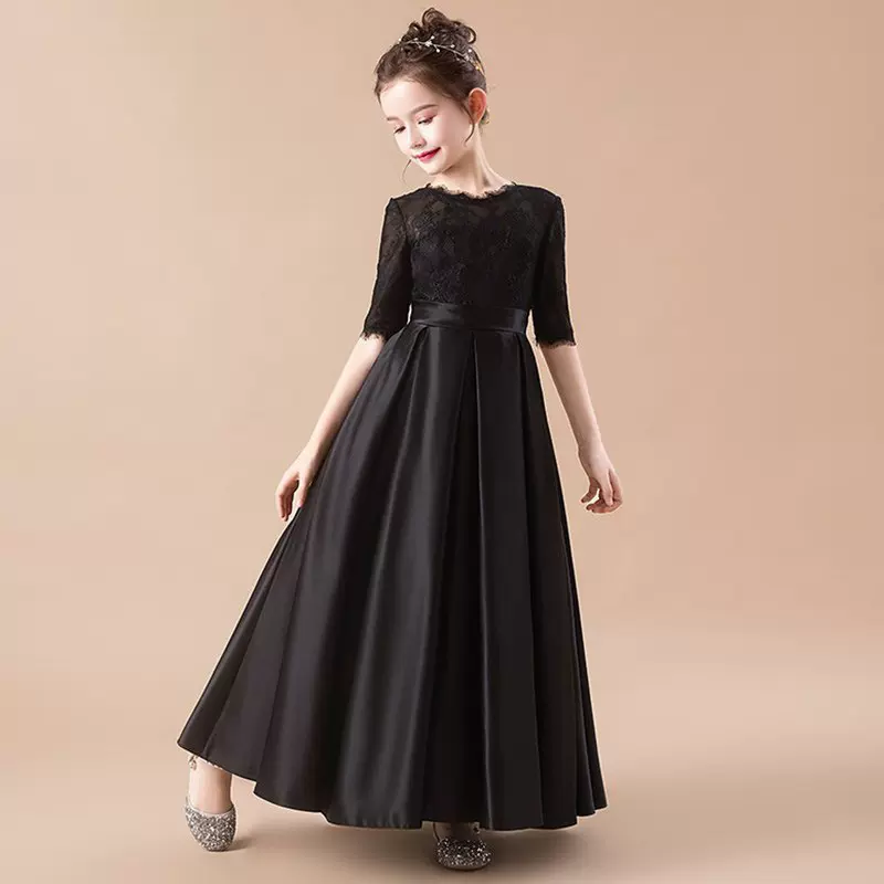 女童黑色公主裙长款钢琴演出服学生元旦小主持人儿童乐团合唱礼服